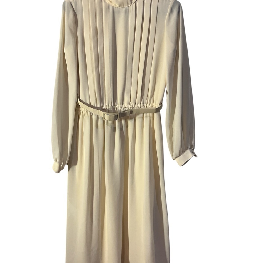 Neiman Marcus Cream Pleated Long Sleeve Dress